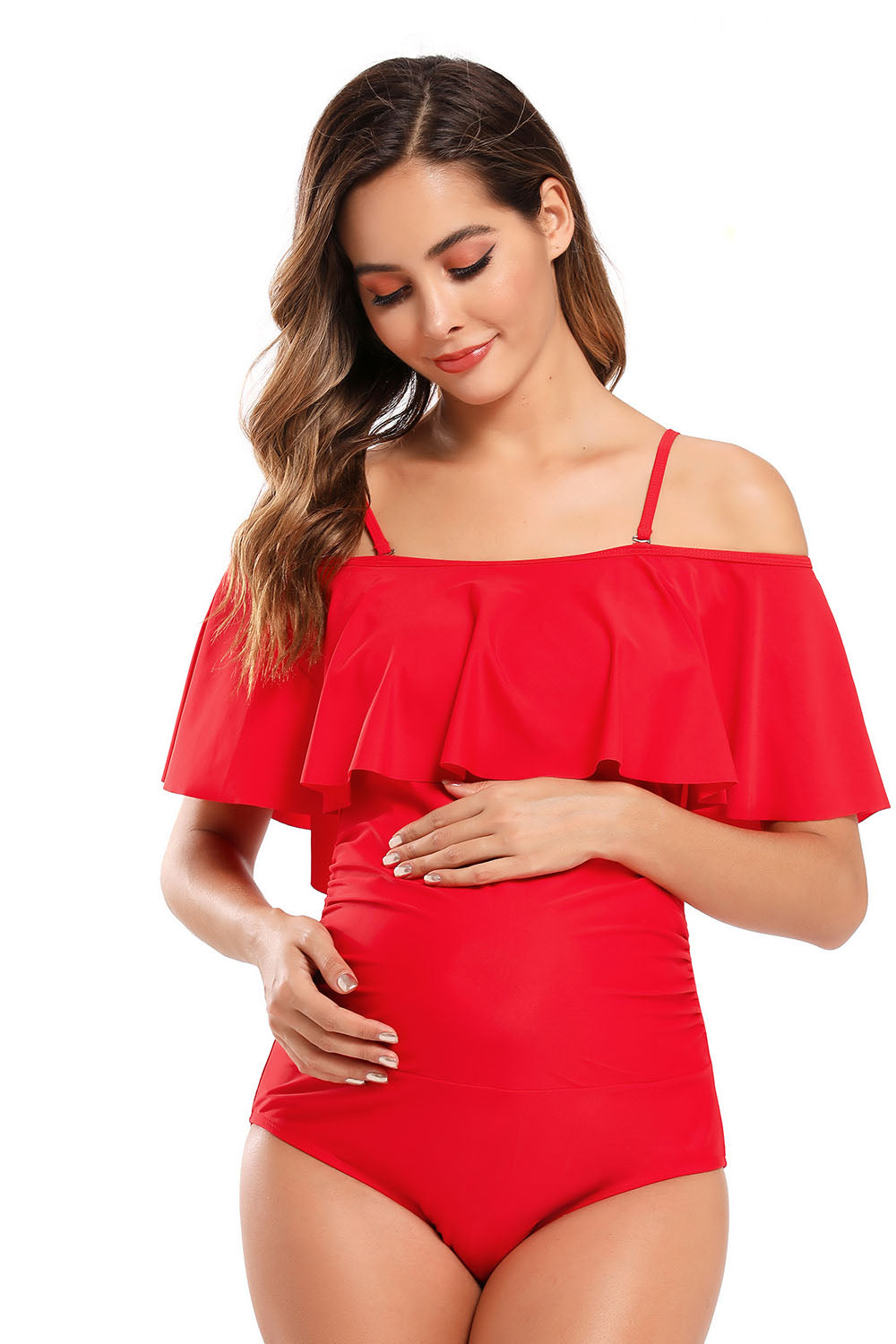 Off-Shoulder Ruffle Ruched Maternity One Piece Swimsuits