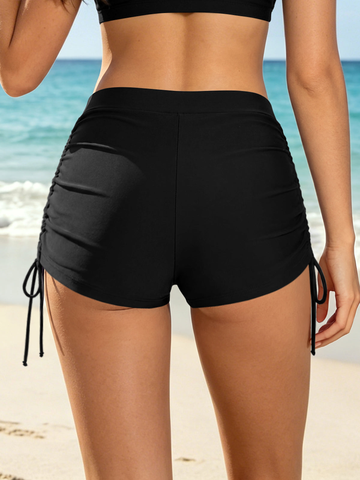 Women's High Waisted Ruched Side Tie Swim Shorts