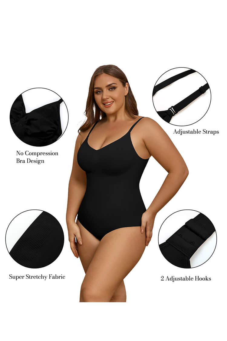 Women's V Neck Thong Bodysuit Seamless Tummy Control One Piece Shapewear