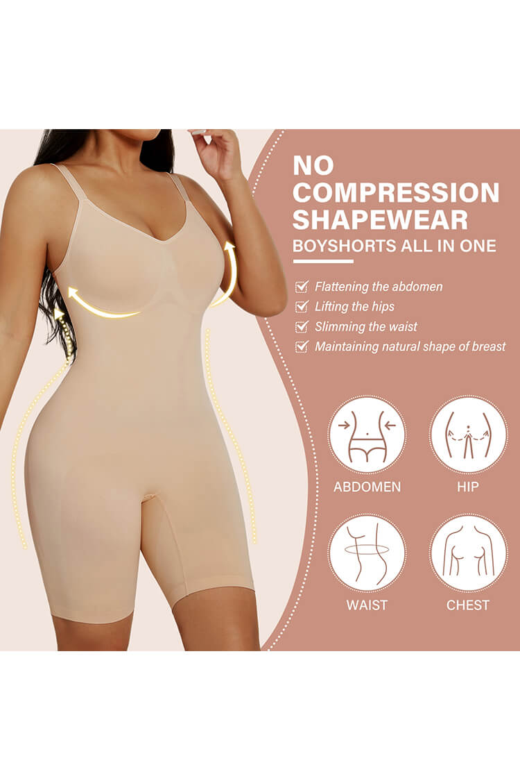 Women's Shaping Mid-Thigh Bodysuit V-Neck Shapewear Seamless Sculpting Butt Lifter Body Shaper Shorts