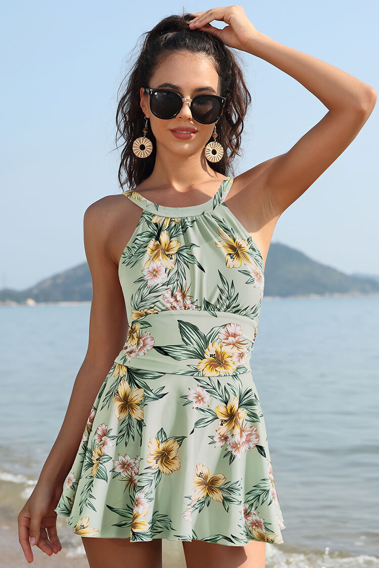 High Neck Ruched Swim Dresses For Women Shekini High Neck Ruched Swim Dresses For Women Shekini