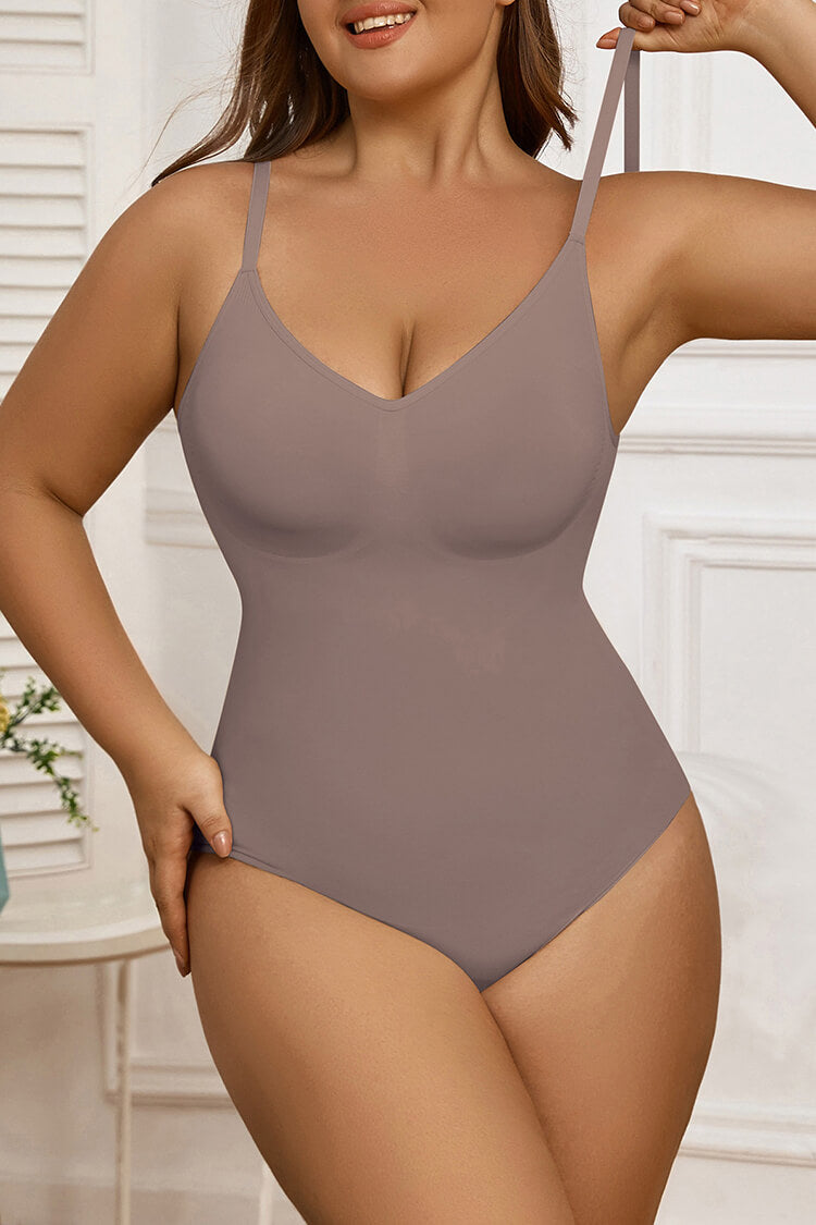 Women's V Neck Thong Bodysuit Seamless Tummy Control One Piece Shapewear