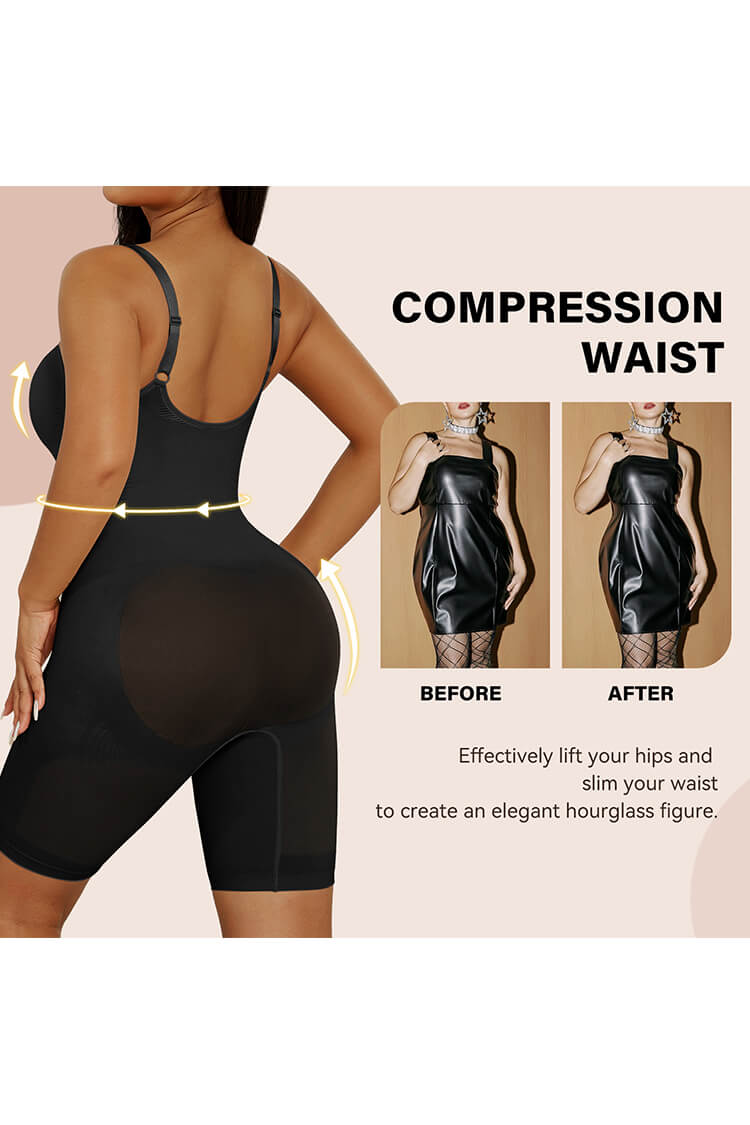 Women's Shaping Mid-Thigh Bodysuit V-Neck Shapewear Seamless Sculpting Butt Lifter Body Shaper Shorts