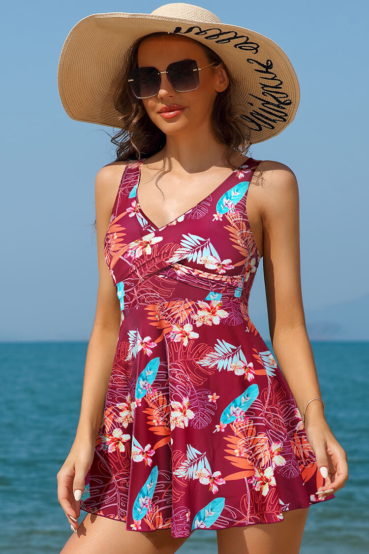 Women's V Neck One Piece Twist Skirt Bathing Suits – Shekini Women's V Neck One Piece Twist Skirt Bathing Suits – Shekini