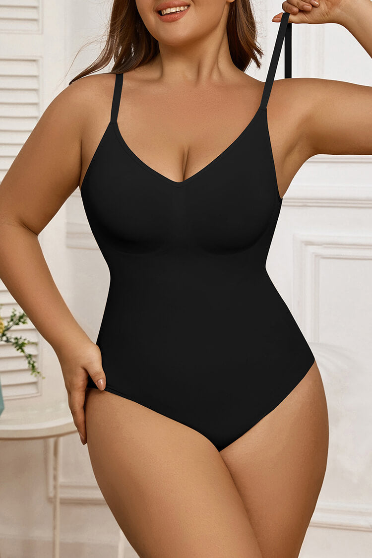 Women's V Neck Thong Bodysuit Seamless Tummy Control One Piece Shapewear