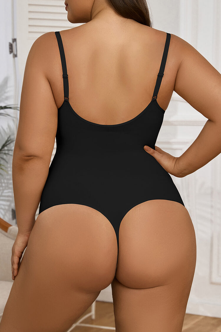 Women's V Neck Thong Bodysuit Seamless Tummy Control One Piece Shapewear