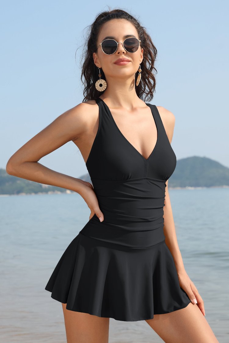 V Neck One Piece Crisscross Back Swimdress