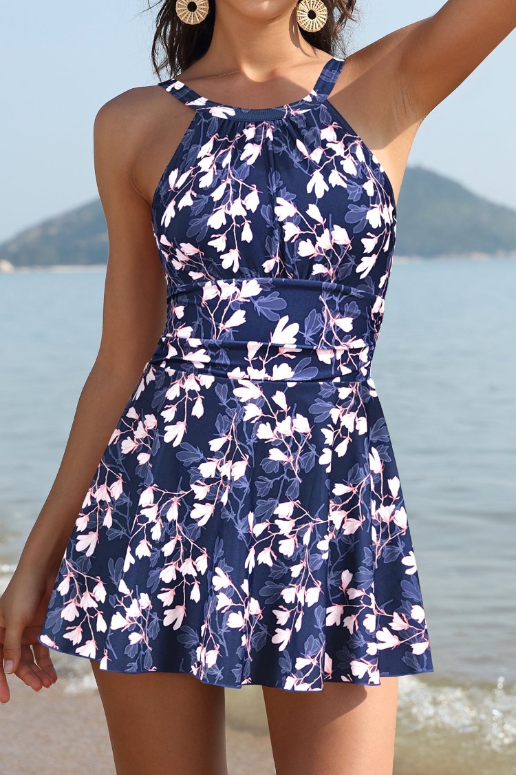 High Neck Ruched Swim Dresses For Women