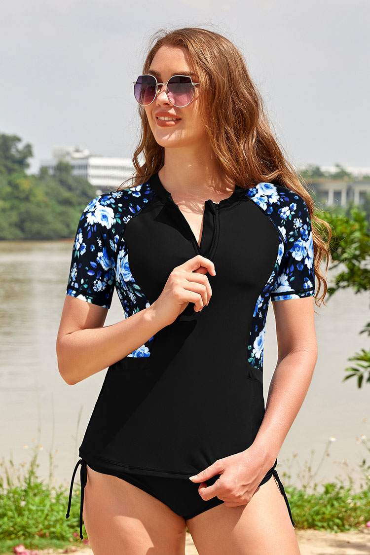 Zipper Short-Sleeve sports Swim Top
