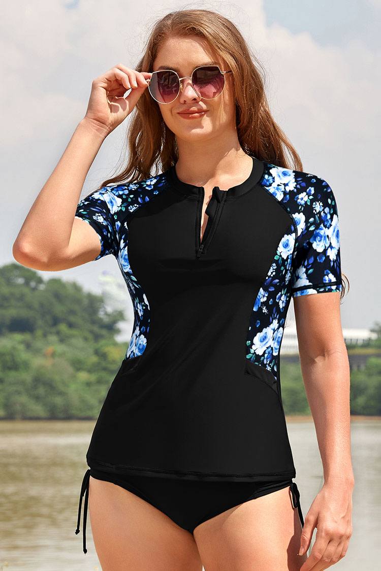 Zipper Short-Sleeve sports Swim Top