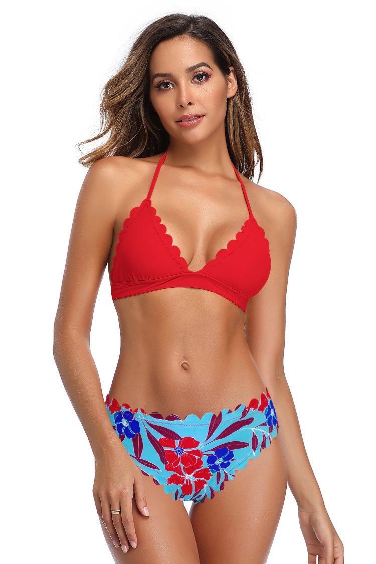 Floral Print Scalloped Triangle Halter Bikini