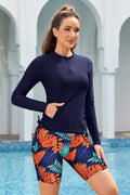 Long Sleeve Rash Guard 3 Piece Zip Swim Shirts Printed Racerback Bra High Waisted Boyshorts