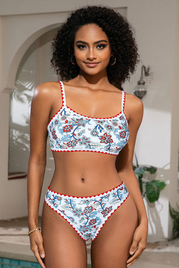 Women's Floral Print Whip Stitch Color Bikini Sets