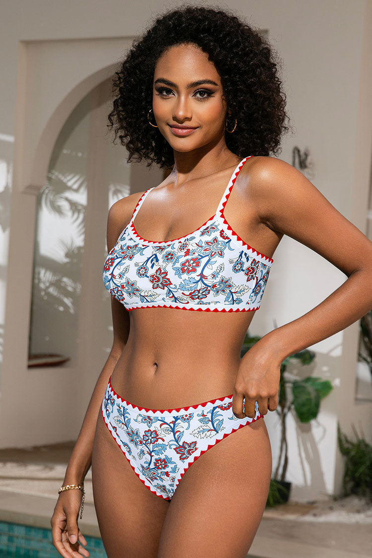 Women's Floral Print Whip Stitch Color Bikini Sets