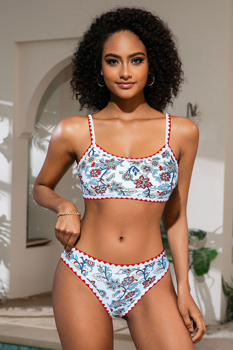 Women's Floral Print Whip Stitch Color Bikini Sets
