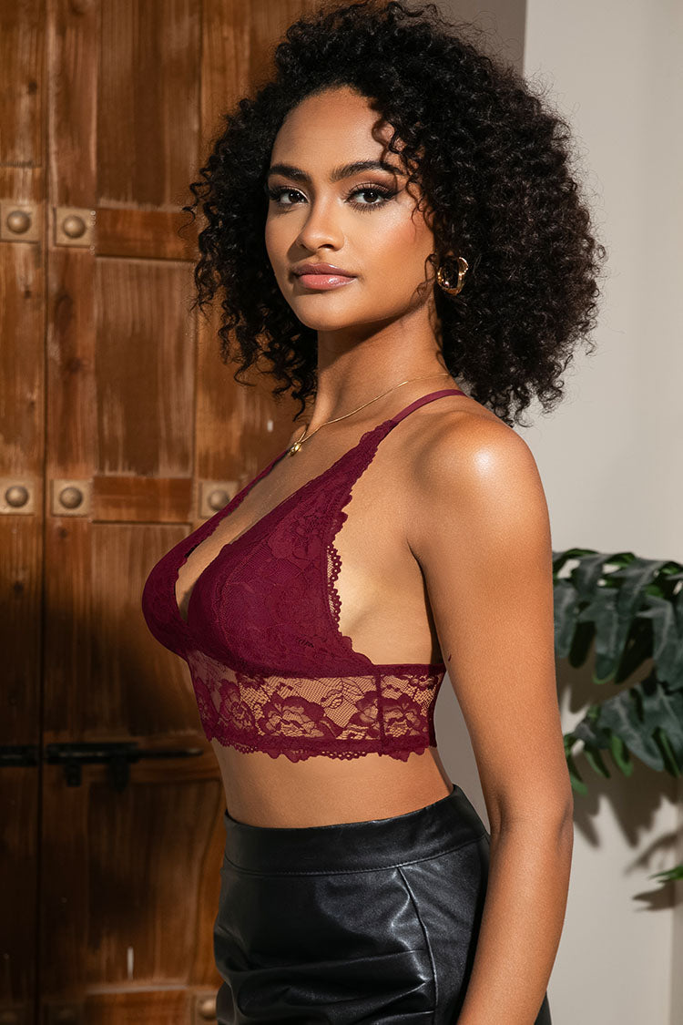 Women Wireless V Neck Longline Crop Lace Bra