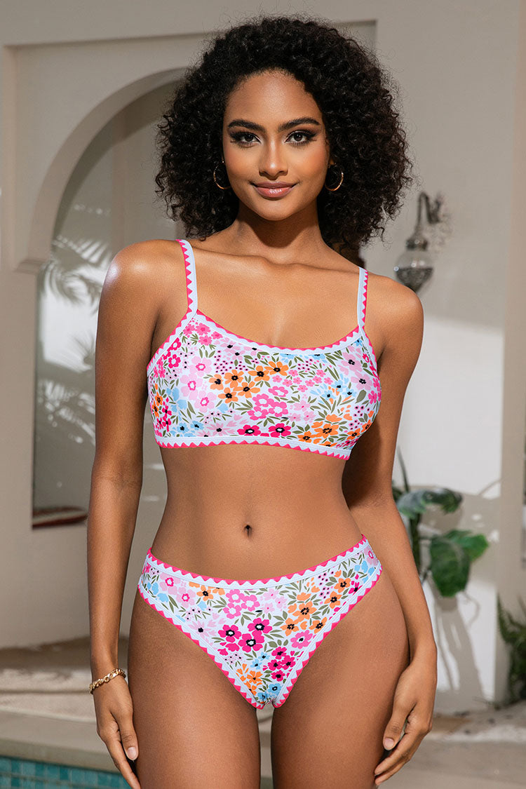 Women's Floral Print Whip Stitch Color Bikini Sets