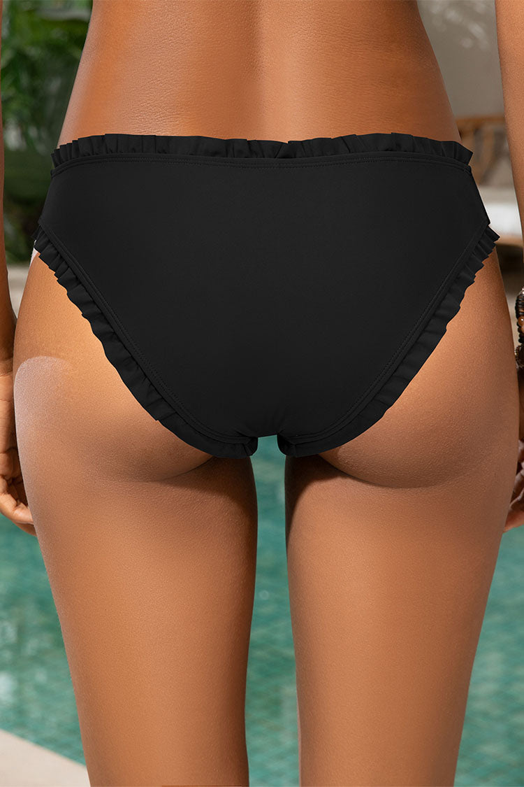 Women Ruched Frill Trim High Waist Bikini Bottoms
