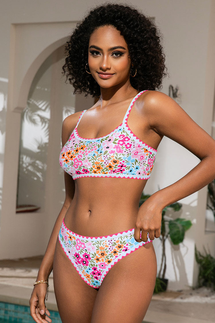 Women's Floral Print Whip Stitch Color Bikini Sets