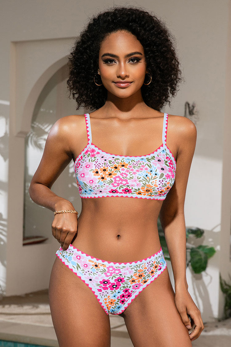 Women's Floral Print Whip Stitch Color Bikini Sets