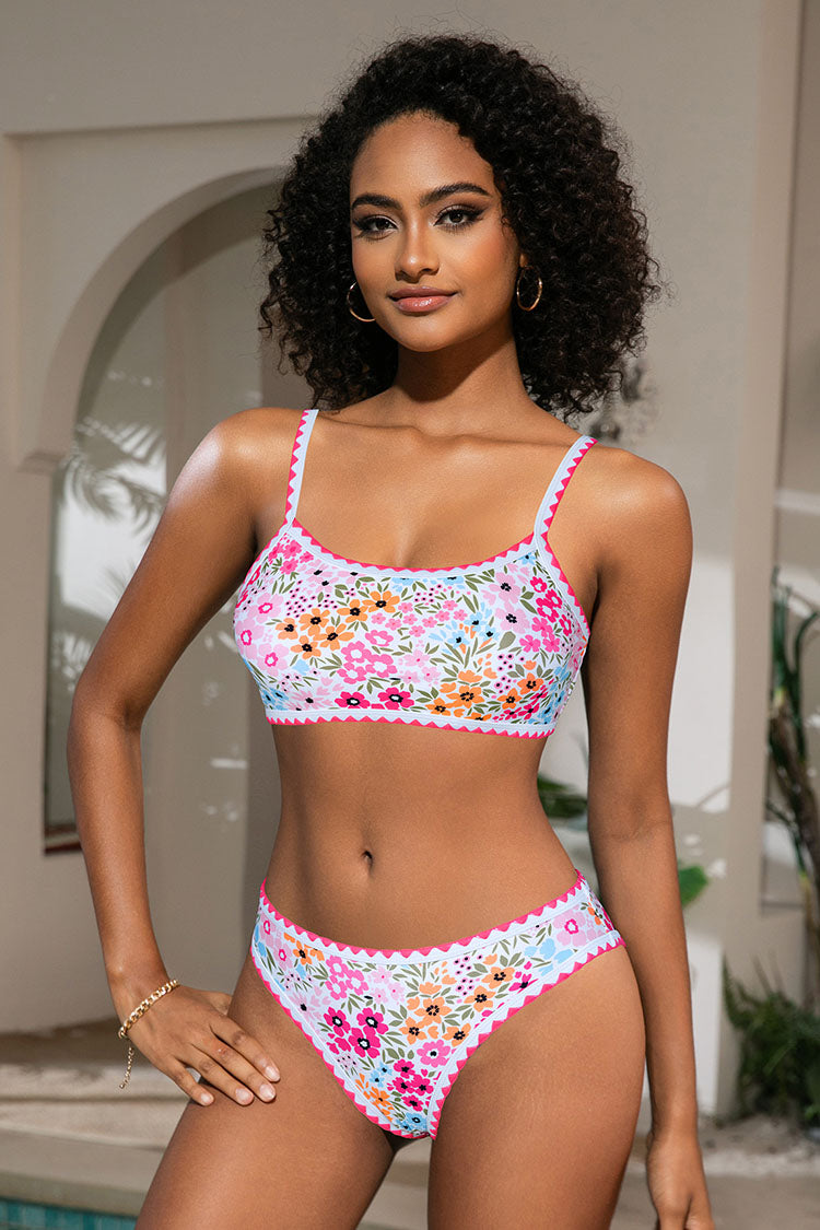 Women's Floral Print Whip Stitch Color Bikini Sets
