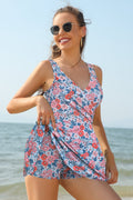 V Neck One Piece Skirt Front Cross Swimdress