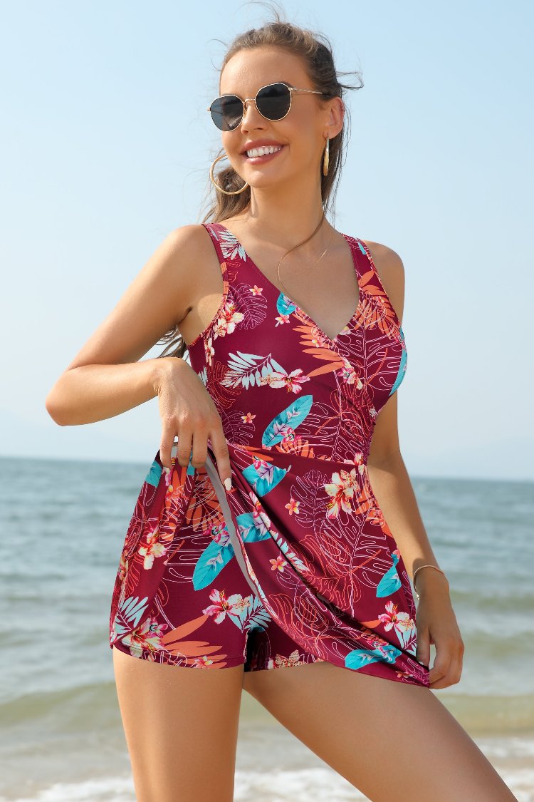 V Neck One Piece Skirt Front Cross Swimdress