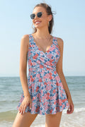 V Neck One Piece Skirt Front Cross Swimdress