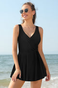 V Neck One Piece Skirt Front Cross Swimdress