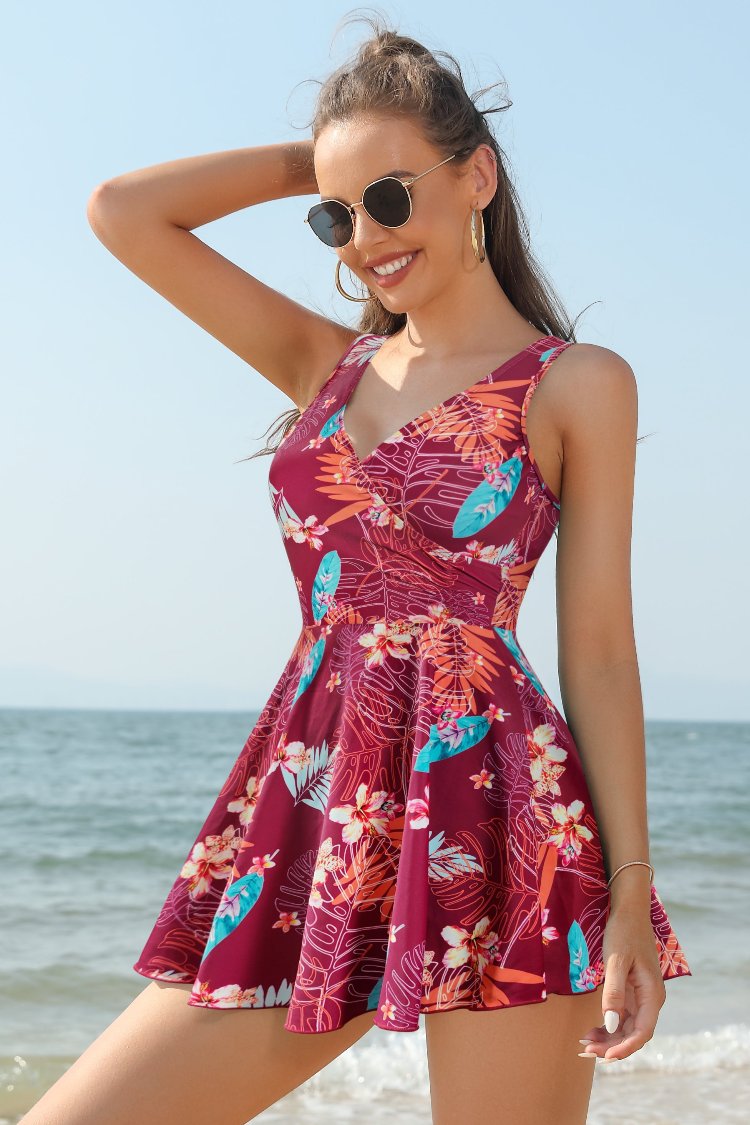 V Neck One Piece Skirt Front Cross Swimdress