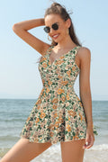 V Neck One Piece Skirt Front Cross Swimdress