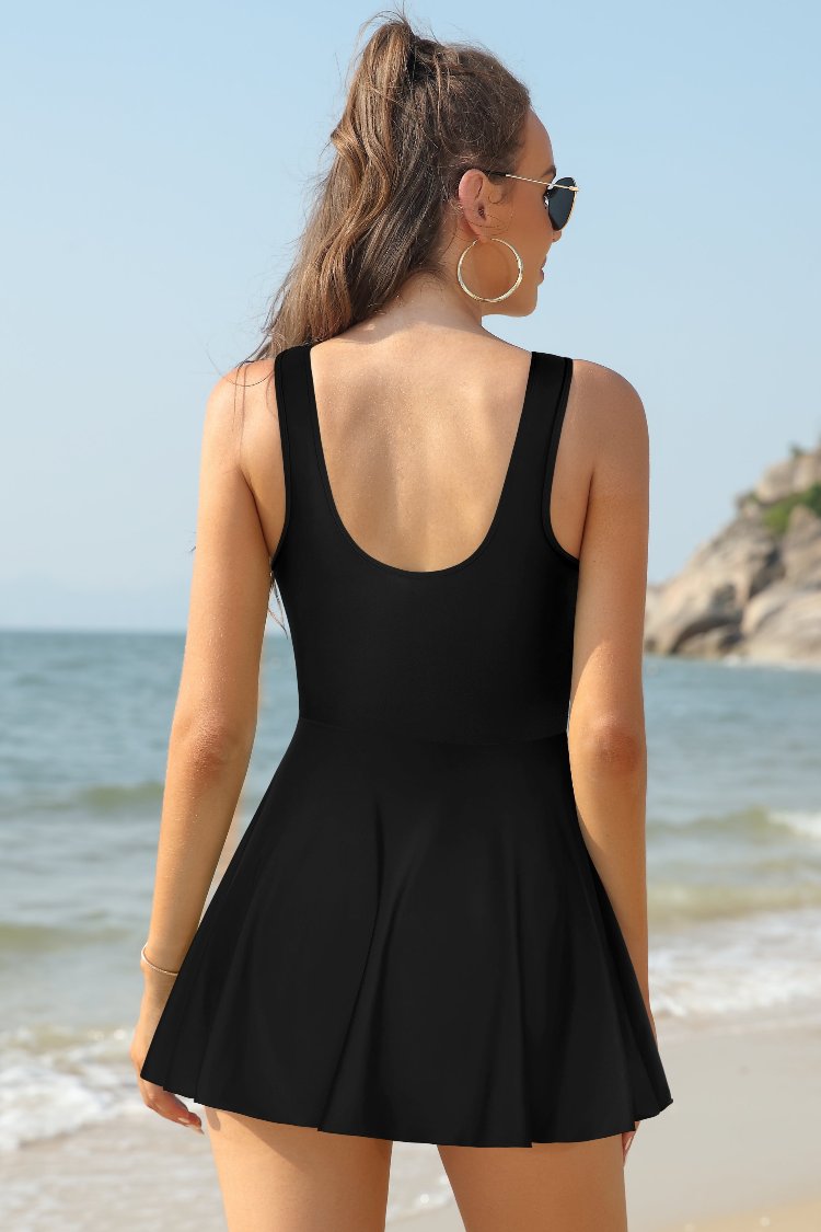 V Neck One Piece Skirt Front Cross Swimdress