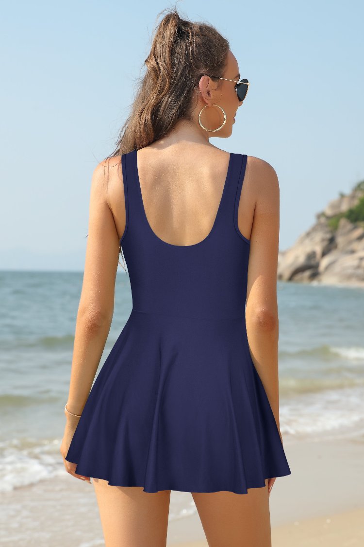 V Neck One Piece Skirt Front Cross Swimdress