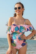 Off-Shoulder Ruffled Flounce Bathing Suit Drawstring One Piece Swimsuit