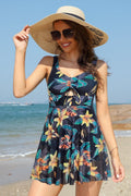 Cutout Drawstring Front Printing Swimdress