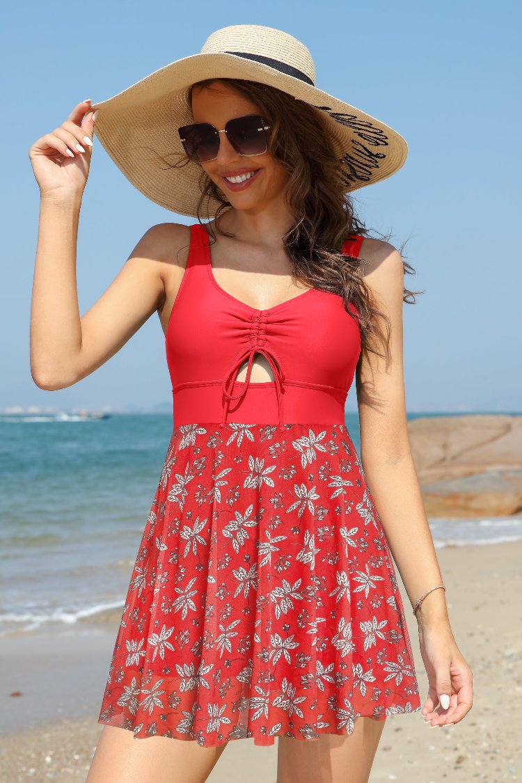 Cutout Drawstring Front Printing Swimdress