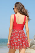 Cutout Drawstring Front Printing Swimdress