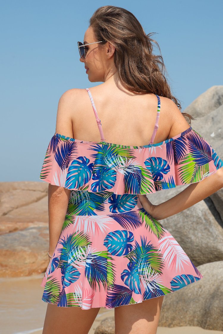 Off-Shoulder Flounce Ruched Swimdress