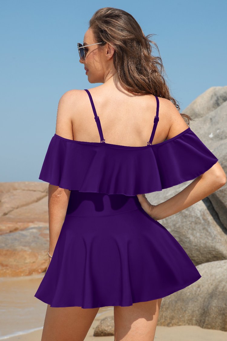 Ruffle One Shoulder Swim Dress Off-Shoulder Flounce Ruched Swimdress Shekini Ruffle One Shoulder Swim Dress Off-Shoulder Flounce Ruched Swimdress Shekini