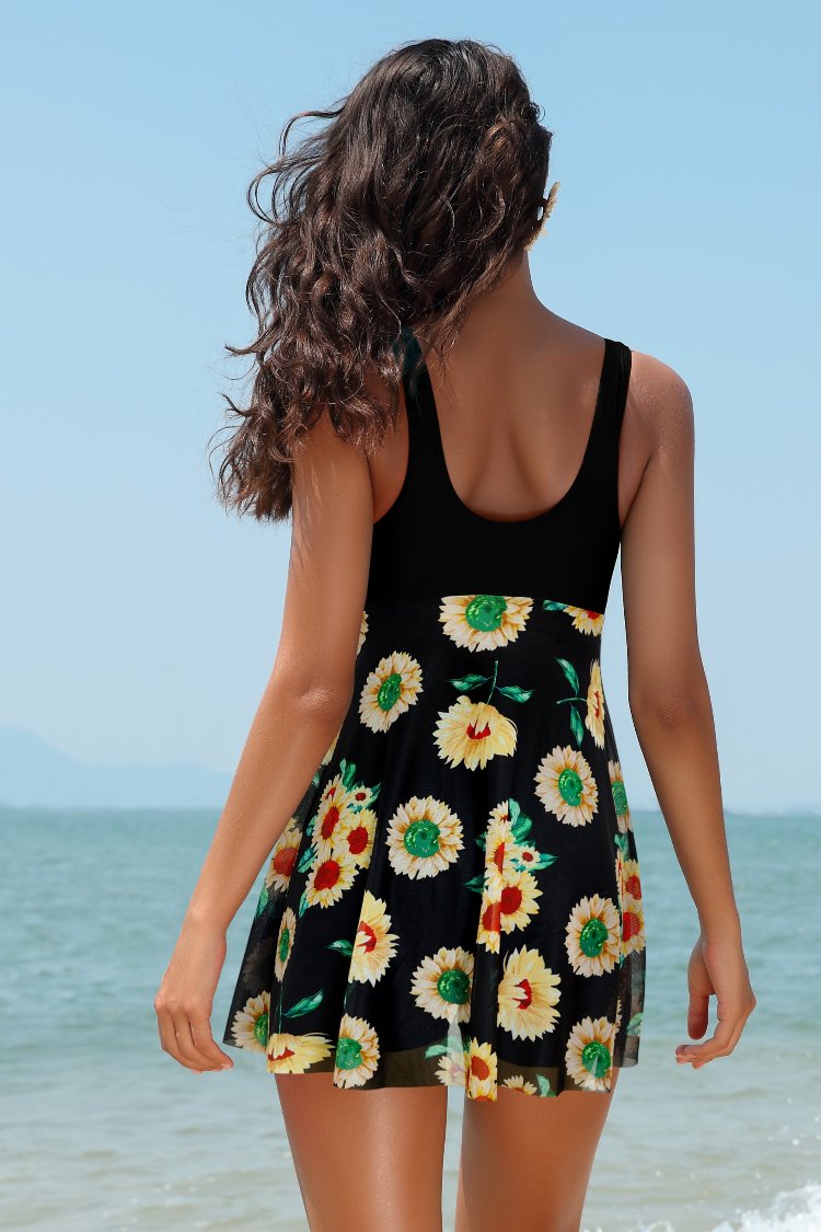 Twist Front Mesh Printing Swimdress