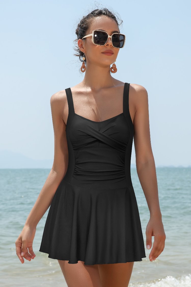 Crossover Ruched Skirt One Piece Bathing Suit Swimdress