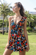 Asymmetric Shoulders Ruffle Flounce Printed Swimdress