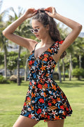 Asymmetric Shoulders Ruffle Flounce Printed Swimdress