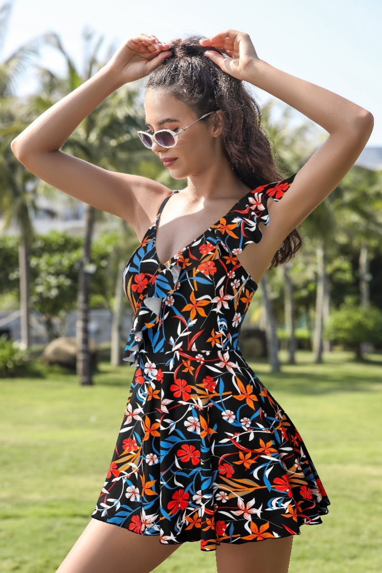 Asymmetric Shoulders Ruffle Flounce Printed Swimdress