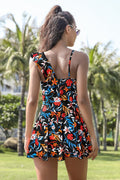 Asymmetric Shoulders Ruffle Flounce Printed Swimdress