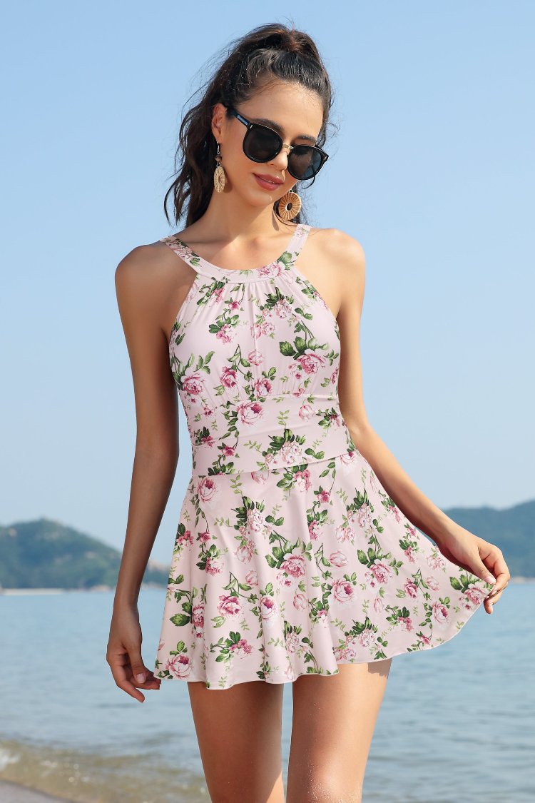 High Neck Ruched Swim Dresses For Women