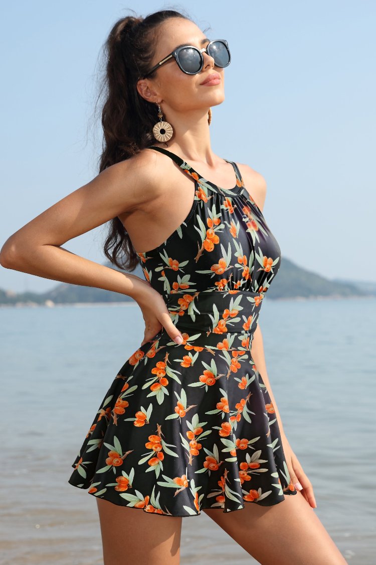 High Neck Ruched Swim Dresses For Women