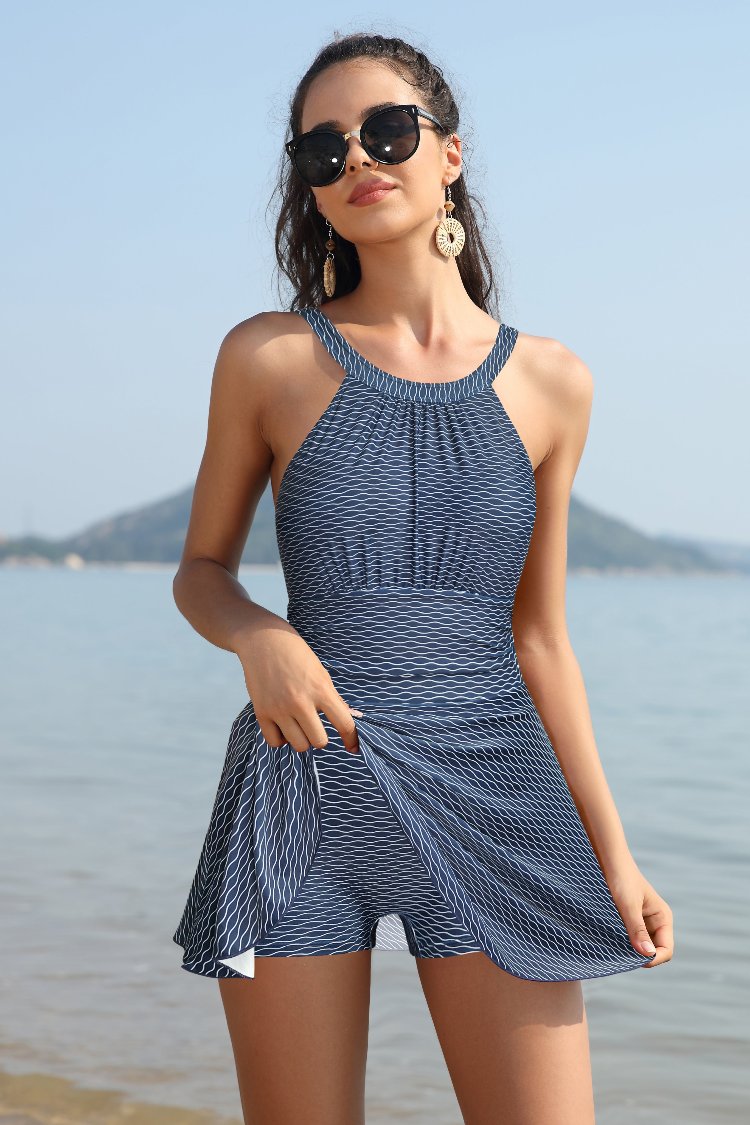 High Neck Ruched Swim Dresses For Women