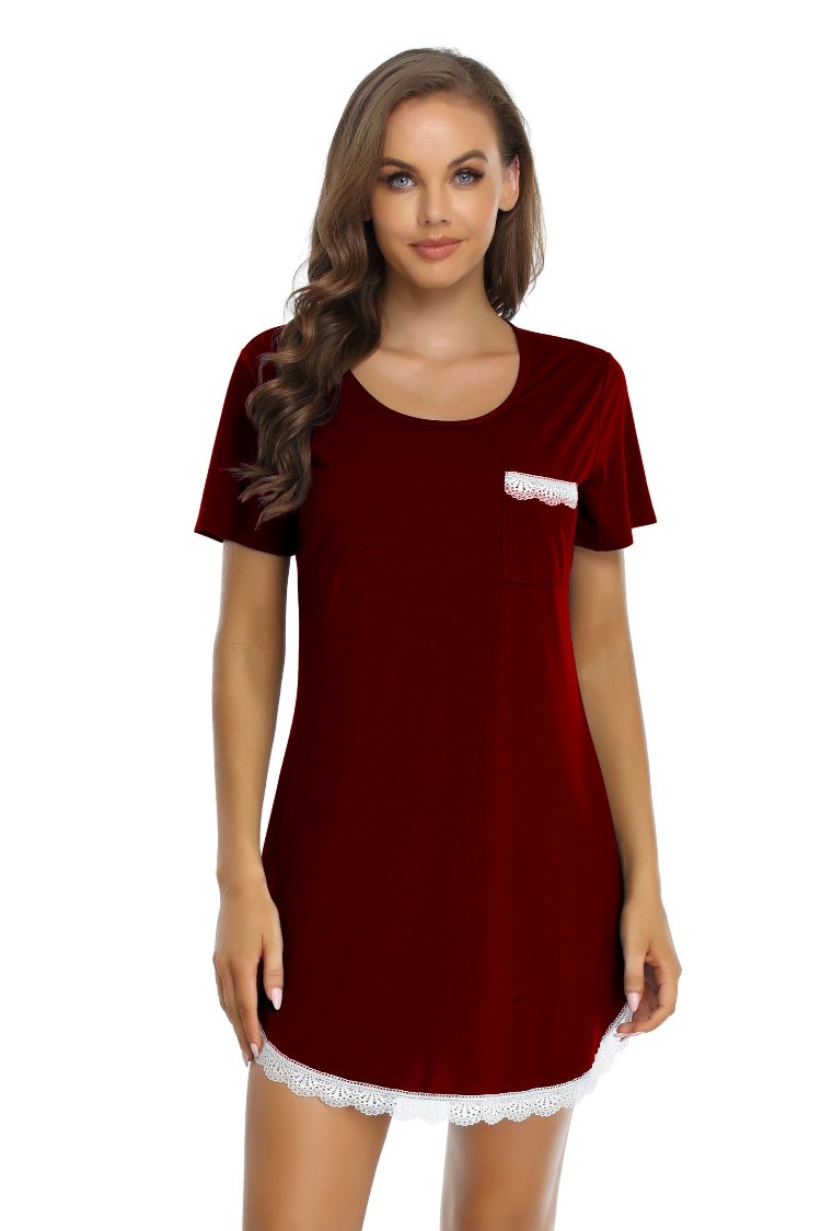 Women Short Sleeve Lace Nightdress Round Neck Sleepwear