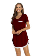 Women Short Sleeve Lace Nightdress Round Neck Sleepwear